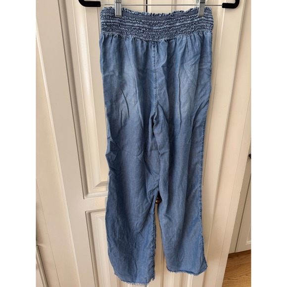 Aerie XS Chambray Blue Wide Leg Pants Smocked Waist Drawstring Frayed Hem - Picture 8 of 13